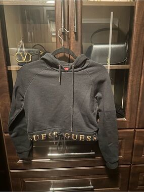 GUESS Black Cropped Hoodie with Gold Logo Trim